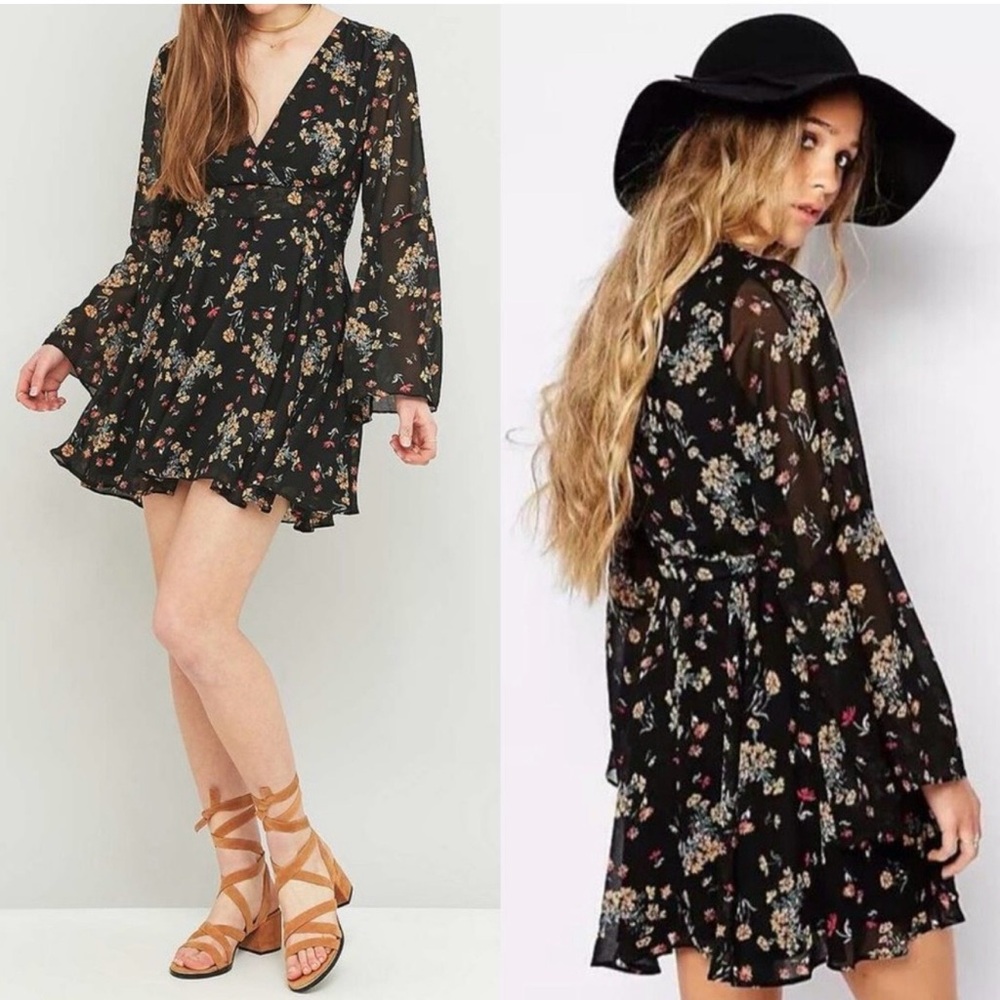Free People Black Floral Long Sleeve Dress
